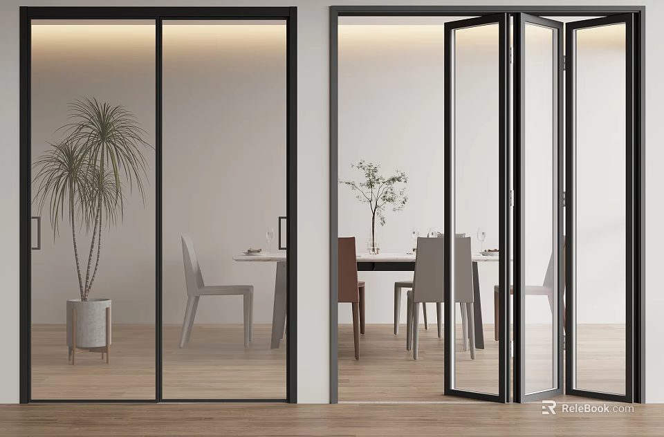 Open Glass Doors In Modern Interior With Dining Table Chairs And Plants 3d model 