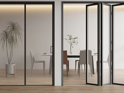 Open Glass Doors In Modern Interior With Dining Table Chairs And Plants 3d model