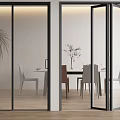 Open Glass Doors In Modern Interior With Dining Table Chairs And Plants