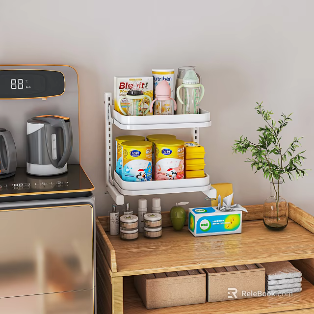 White Multi Tier Kitchen Storage Shelf Holding Food Cans Mugs And Supplies On Counter 3d model 