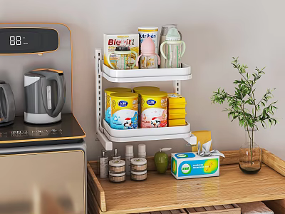 White Multi Tier Kitchen Storage Shelf Holding Food Cans Mugs And Supplies On Counter 3d model