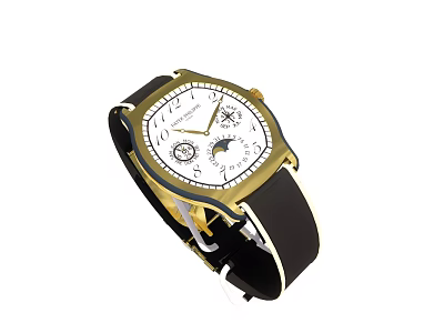 Patek Philippe Luxury Watch With Gold Case Black Leather Strap White Dial And Moon Phase Functions 3d model