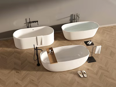 Modern Freestanding White Bathtubs On Herringbone Wooden Floor With Faucets Slippers And Towel Rack 3d model