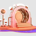 Pink And Gold Interactive Zone With Circular Structure Rabbit Character Steps And Lights 3d model