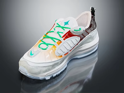 Stylish White Sneakers With Green Laces Transparent Upper Orange Red Accents Star Logo Thick Sole 3d model