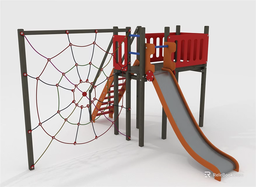 Outdoor Play Equipment With Red Rope Climbing Net Staircase And Gray Slide 3d model 