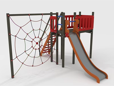 Outdoor Play Equipment With Red Rope Climbing Net Staircase And Gray Slide 3d model