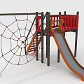 Outdoor Play Equipment With Red Rope Climbing Net Staircase And Gray Slide