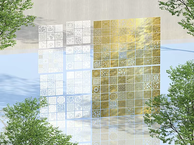 Traditional Lattice Windows with Intricate Carved Patterns in Building Exterior Surrounded by Trees 3d model