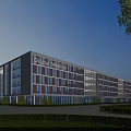Modern Industrial Factory Building With Glass Curtain Walls Digital Media Signage And Landscaped Gardens