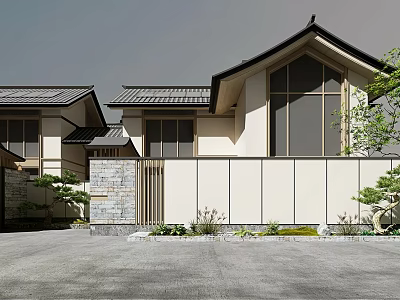 Japanese Style Detached Villa With Tiled Roof Large Glass Windows Stone Wall And Garden Plants 3d model