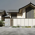 Japanese Style Detached Villa With Tiled Roof Large Glass Windows Stone Wall And Garden Plants
