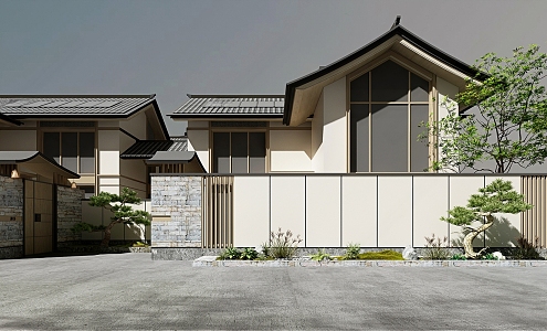 New Chinese style single-family villa exterior courtyard landscape 3d model