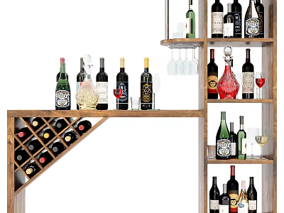 Wooden Wine Cabinet With Tilted Rack And Shelves For Bottles Glasses And Decanter 3d model