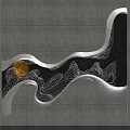 Artistic Wall Decor on Gray Tile Background with Black Panel Golden Circle and Wavy Patterns 3d model