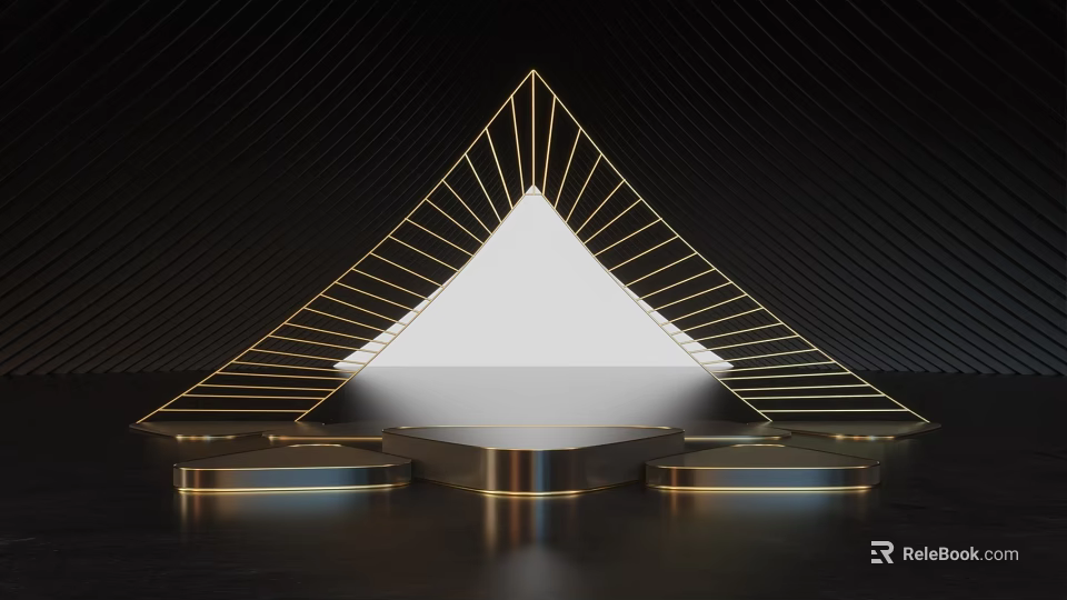Modern Commercial Equipment Display Stage With Golden Triangular Structure And Platforms On Black Background 3d model 