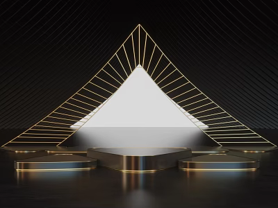 Modern Commercial Equipment Display Stage With Golden Triangular Structure And Platforms On Black Background 3d model