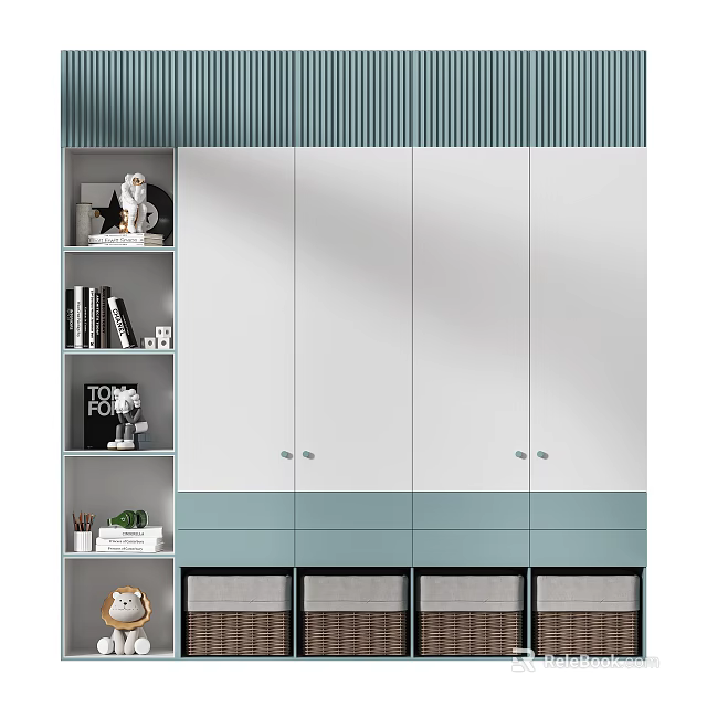 Modern White and Light Blue Wardrobe with Doors Drawers Side Bookshelf and Decorative Items 3d model 