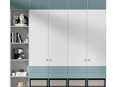 Modern White and Light Blue Wardrobe with Doors Drawers Side Bookshelf and Decorative Items 3d model