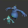 Large And Small Blue Creatures With Green Antennas And Body Stars