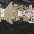 Traditional Japanese Restaurant Interior With Wooden Partitions Lanterns Red Flower And Bar Seats