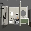 Modern Bathroom Interior With Glass Shower Wall Mounted Toilet Washing Machine And Green Vanity