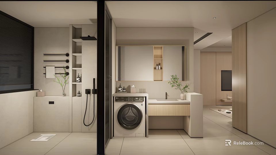 Modern Minimalist Bathroom Interior With Washing Machine Vanity Mirror And Plants 3d model 