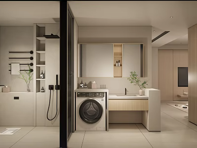 Modern Minimalist Bathroom Interior With Washing Machine Vanity Mirror And Plants 3d model