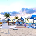 Summer Together Beach Scene With Blue White Umbrellas Palm Trees And Seating