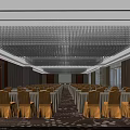 Large Conference Room Interior With Crystal Chandelier Yellow Chair Covers And Arranged Tables
