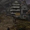 Cartoon Medieval Town Scene With Pointed Roof Houses Mountain Background Autumn Trees Horses And Pedestrians