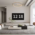Modern Living Dining Room Interior With Beige Sofa Coffee Table Circular Chandelier And Abstract Artwork