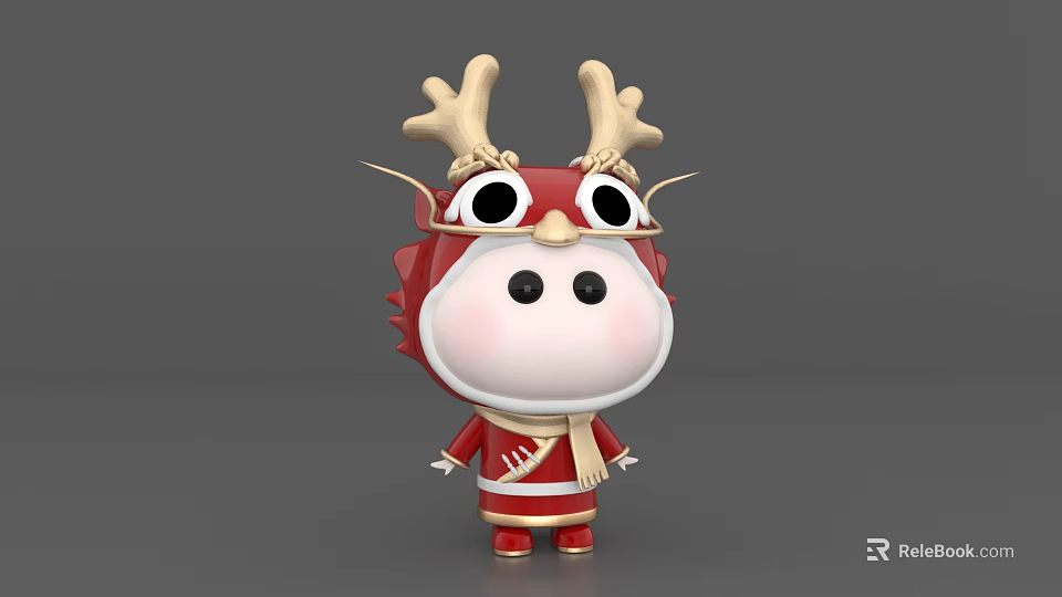 Cute Cartoon Game Character With Red Costume Dragon Horns Big Eyes And White Scarf 3d model 