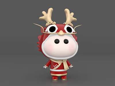 Cute Cartoon Game Character With Red Costume Dragon Horns Big Eyes And White Scarf 3d model