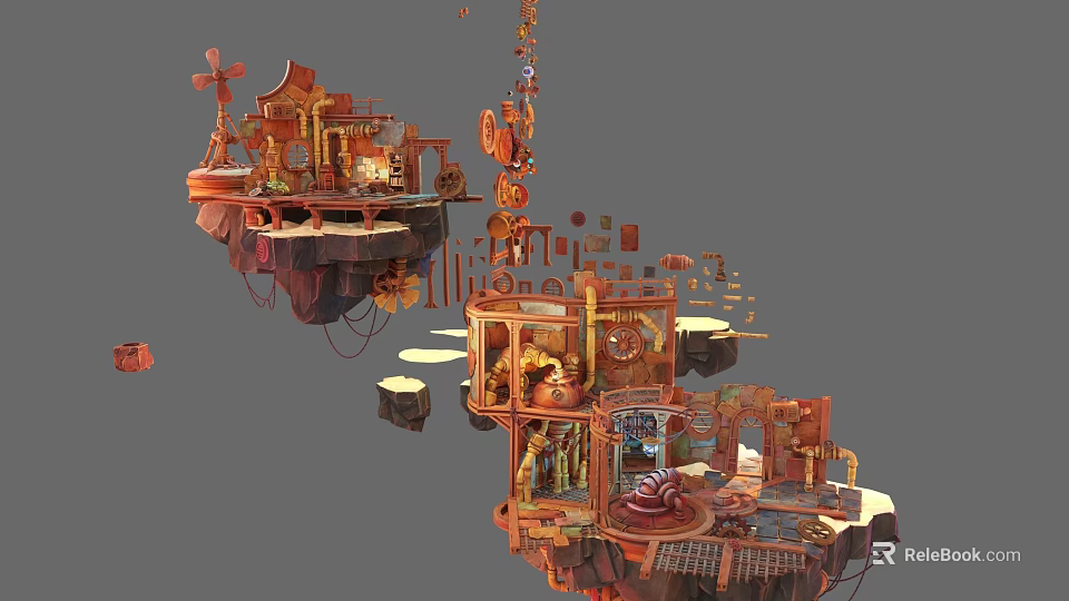 Futuristic Scifi Floating Mechanical Buildings With Gears Pipes Wooden Metal Elements Multi Layered Platforms Decorations 3d model 