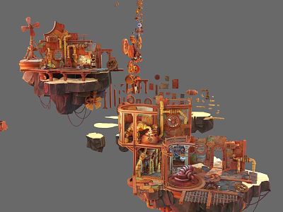 Futuristic Scifi Floating Mechanical Buildings With Gears Pipes Wooden Metal Elements Multi Layered Platforms Decorations 3d model