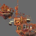 Futuristic Scifi Floating Mechanical Buildings With Gears Pipes Wooden Metal Elements Multi Layered Platforms Decorations