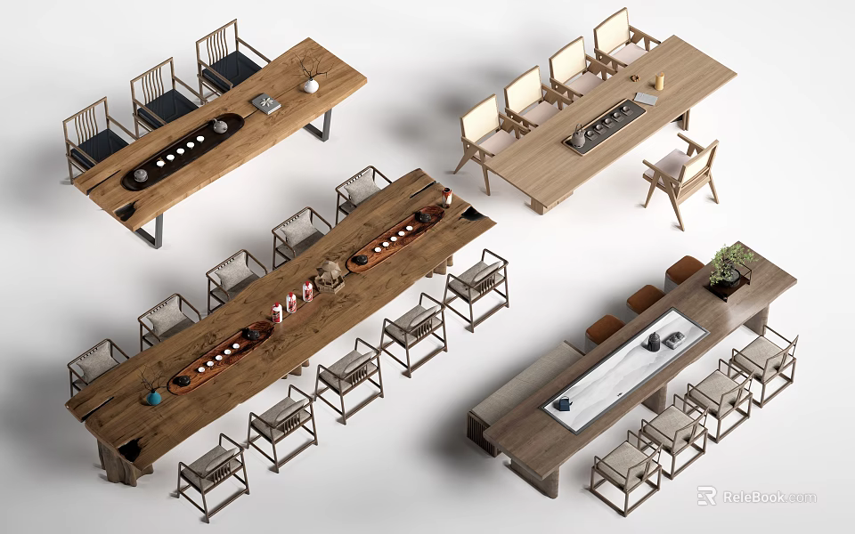 Modern Rustic Wooden Dining Tables With Matching Chairs And Tabletop Decorations 3d model 