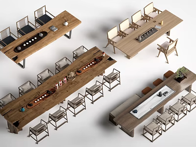 Modern Rustic Wooden Dining Tables With Matching Chairs And Tabletop Decorations 3d model