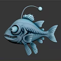 Blue Cartoon Fish with Big Eyes Sharp Teeth Fins and Lure
