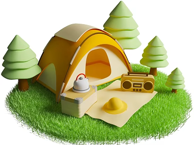 Camping Interactive Area With Yellow Tent Green Pine Trees Grass Radio Teapot Bread And Blanket 3d model
