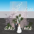 Wedding Scene With Couple Pink Backdrop White Butterflies Purple Flowers And Green Plants
