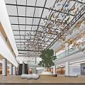 Spacious Bright Modern Shopping Mall Hall With Glass Skylight Escalators And Elegant Hanging Art Decorations