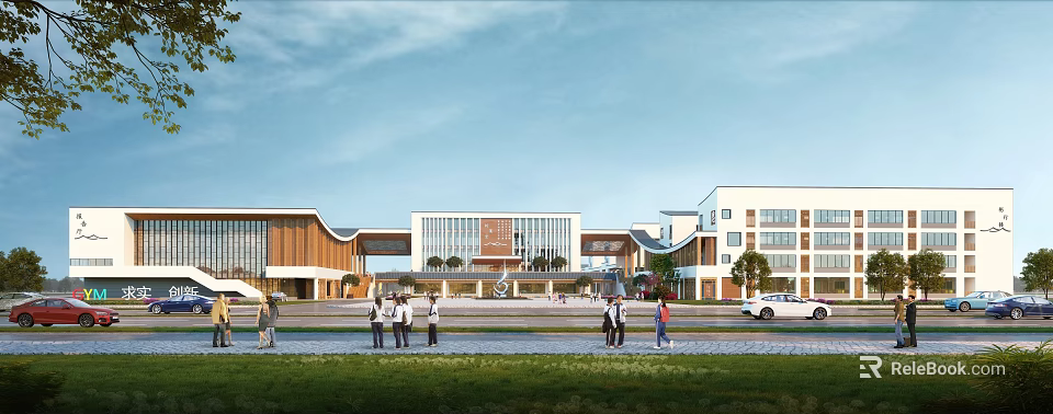 Modern School Building Exterior With Students Walking On Lawn And Blue Sky Background 3d model 