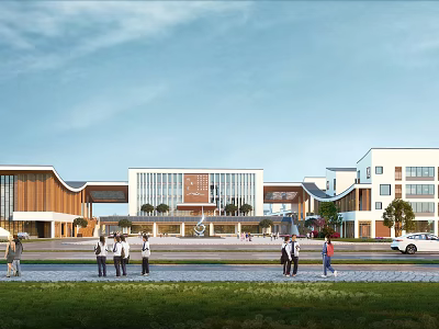 Modern School Building Exterior With Students Walking On Lawn And Blue Sky Background 3d model