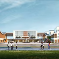 Modern School Building Exterior With Students Walking On Lawn And Blue Sky Background