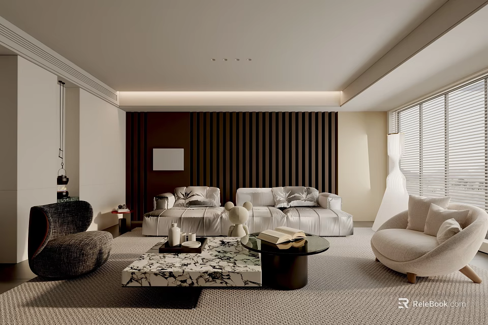 Modern Living Room Interior Design With Sofa Armchair Coffee Table Rug And Wall Paneling Blinds 3d model 