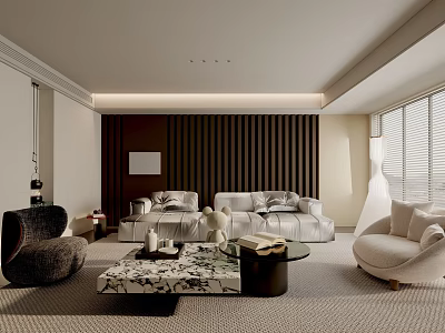 Modern Living Room Interior Design With Sofa Armchair Coffee Table Rug And Wall Paneling Blinds 3d model