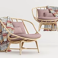 Outdoor Chair With Rattan Frame Round Back Purple Cushion And Colorful Striped Blanket