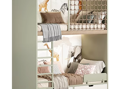 Light Green Bunk Bed with Animal Themed Wall Mesh Guardrail Ladder Pillows and Blankets 3d model